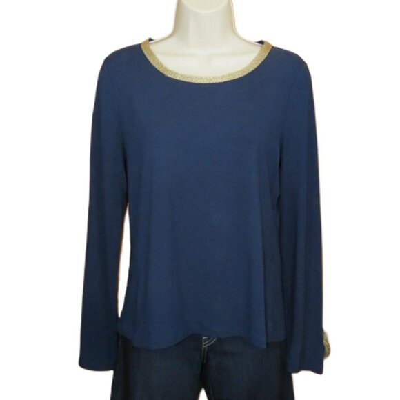 Chico's Navy T-Shirt Gold Neckline Long Sleeve Size 0 - Picture 1 of 6